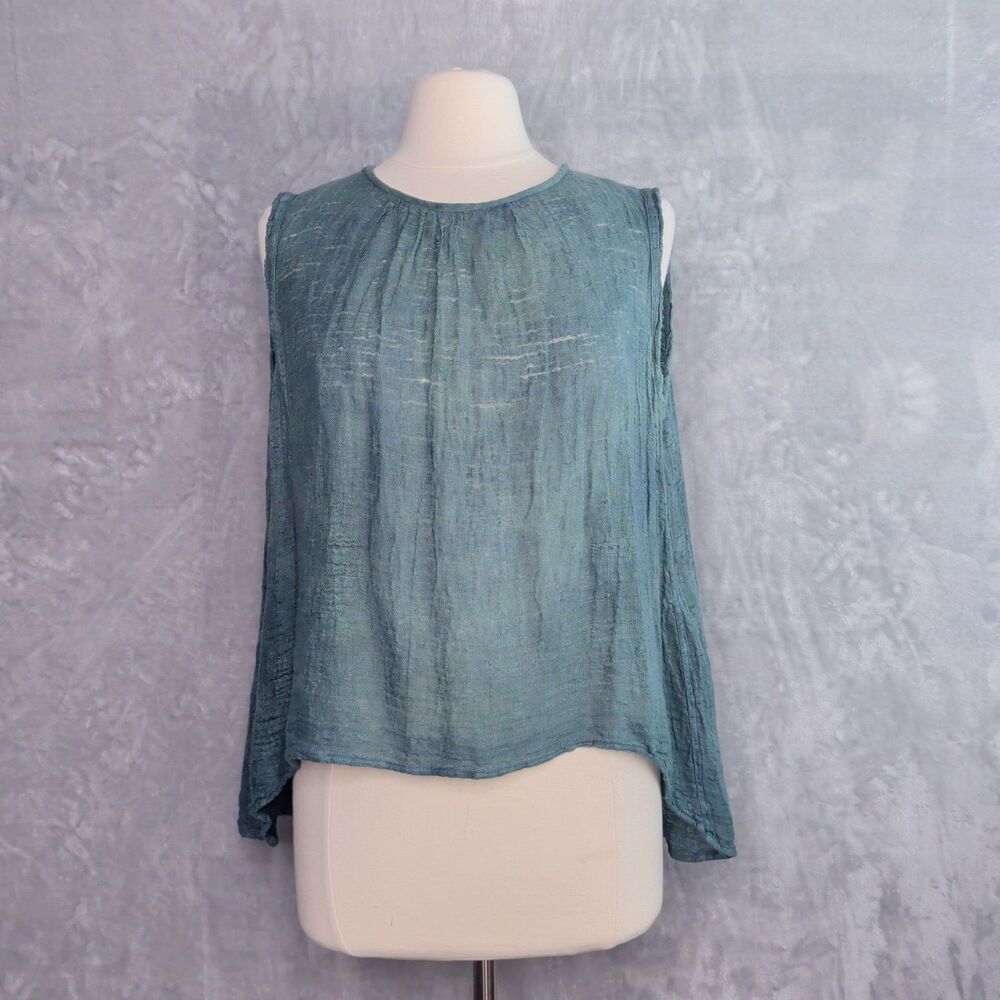 LA BOTTEGA Teal Gauzy Linen Sleeveless Top Size M Hi-Lo Flowy Layer Lightweight - Picture 4 of 13